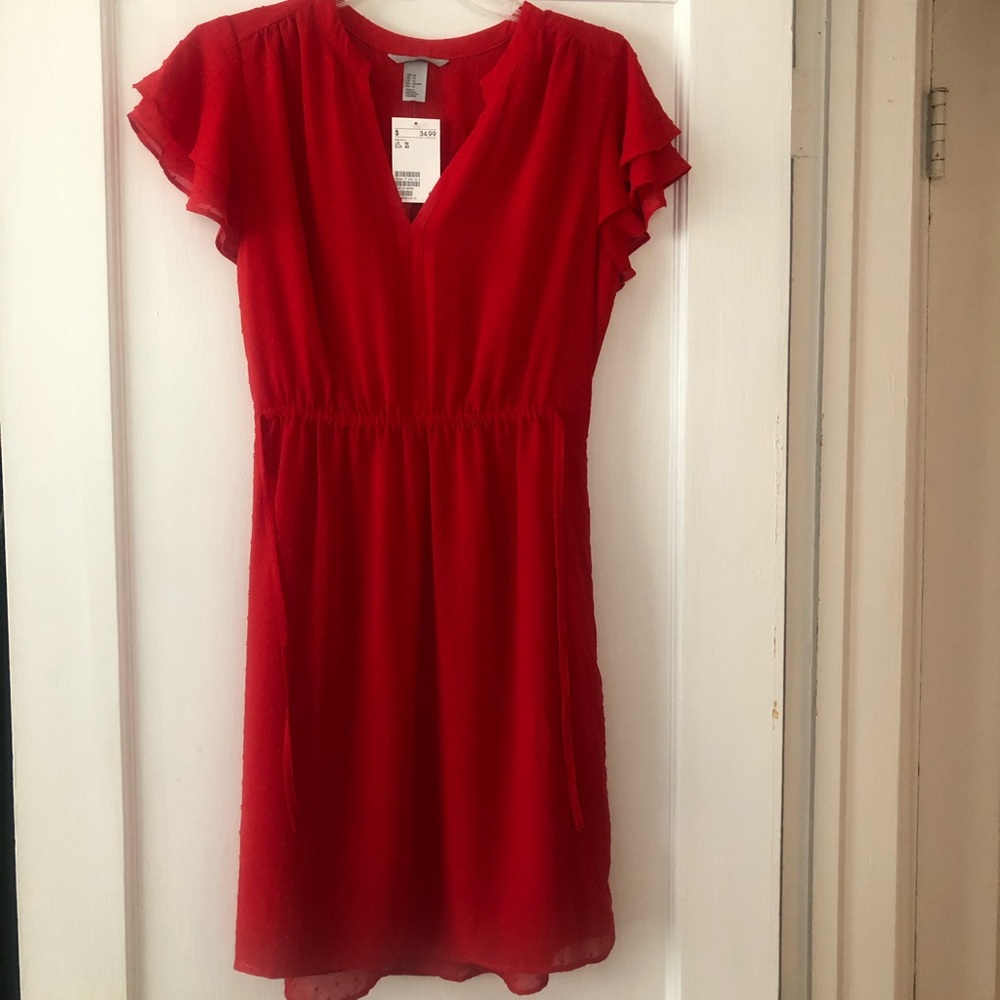 NWT Red Swiss Dot Cinch Waist Flutter Sleeve H&M Dress
